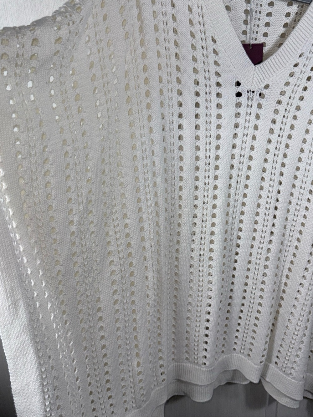 Bruno Magli Cream Eyelet Open-Knit V-Neck Sweater Poncho - Picture 6 of 9